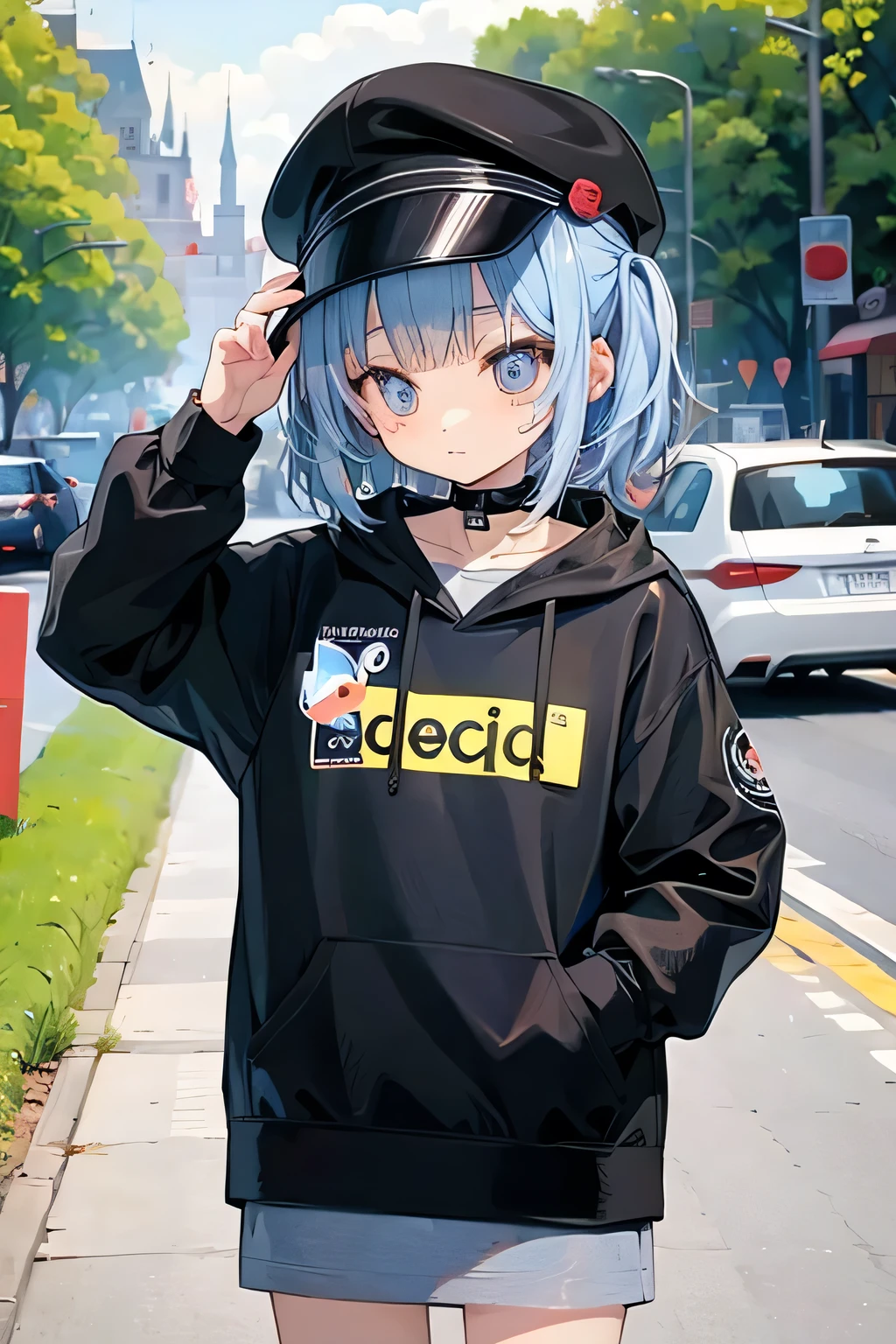 (sticker),#quality(8k,best quality, masterpiece),solo, #1girl(cute, kawaii,small ,smile,hair floating,hair color cosmic,pigtail hair,zombie skin,ghost skin ,skin color blue,pale skin,eye color cosmic,eyes shining,big eyes,damaged clothes,heavy metal costume,smirk,isolated on pink background,full body),#background(monotone,pink,no background,isolated on pink background),premium detailed,