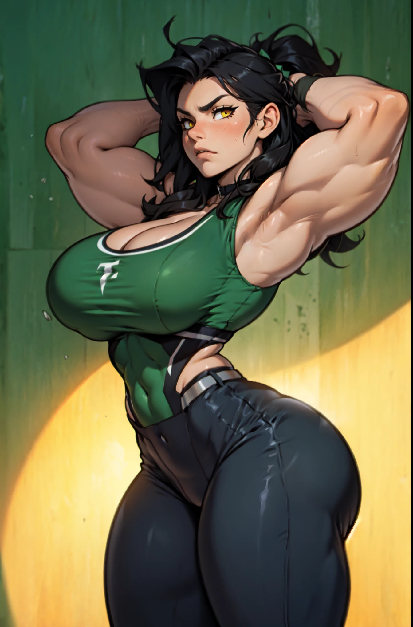 NSFW naked sad pale (((massive female bodybuilder))) (((huge breasts:1.2))) hair black hair yellow eyes extremely long hair sad