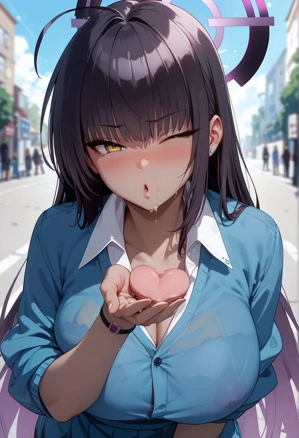 ((top quality, 8k wallpaper)),(masterpiece, best quality),extremely detailed,high definition,(official art:1.3),(((anime screencap,black outline))),<lora:more_details:0.3>,<lora:LCM_LoRA_Weights_SD15:1>, 1girl, BREAK (large breasts), (parted bangs:1.6), <lora:ETO_OC:0.2> ETO-OC, <lora:ETO_OCC006:0.7>, ETO_OCC, (curly hair:1.3), (long hair), black hair, thick eyebrows, pale skin, curvy, (plump), (hazel eyes:1.3), looking at viewer, mature female, BREAK <lora:heartChest:0.4> heartChest,serious,v-shaped eyebrows,(((glowing heart, silhouette, glowing heart hands on chest, heart-shaped hands, upper body))),