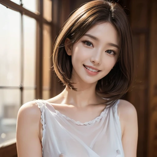 (Surreal), (shape), (Increased resolution), (8k), (Very detailed), (Best shape), (Beautiful and detailed), (Highest quality), (Very detailedな), (masterpiece ), ( wallpaper), (Detailed face), 1 girl, 44 years old, White shawl, Lace chest, Big Breasts, Looking at the audience, The finer details, Detailed face, In the Dark, Deep Shadow, secret key, Pure erotic face ace_v1, smile, Short Hair, Black straight hair , 46 point diagonal bangs