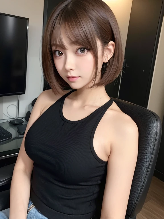 Top Quality, Face Focus, Soft Light, (Depth of Field), Ultra High Resolution, (Photorealistic: 1.4), RAW Photo, (Portrait: 1.4), (Landscape) 1 Japan Girls, Solo, Cute, (Shy, Smile:1.1), (Brown Eyes), Detail Beautiful Face, (midi_hair), Office, White Sleeveless, Black Tight Skirt, turtleneck, chest is large, short cut, chested, good posture, facing the computer, black-rimmed glasses,