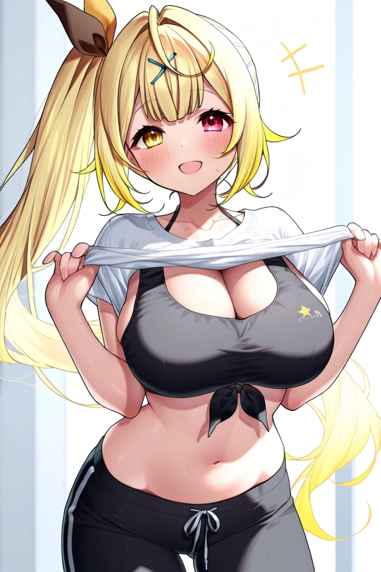 1girl, blonde hair, ponytail, wolf ears, tan skin, tan, highleg panties, panties, micro panties, cameltoe, sports bra, black sports bra, ((mall)), mall, ((shopping)), shopping, bare legs, no pants, yellow eyes, huge breasts, thick thighs, wide hips,