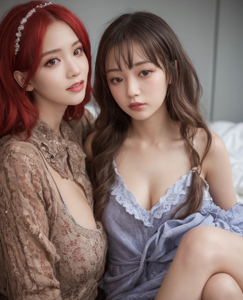 2 20-year-old goddesses walking on the river， mix4， Sweaters， pillow head， cparted lips， Open_Mouth， photorealestic， Photo_\（curly\）， 独奏， stuffed_Animal， stuffed_toys， teddy_bear，（tmasterpiece），（realisticlying：1.3）， Hyper-detailing， （highdetailskin：1.2），（best qualtiy：1.0）， （超高分辨率：1.0）， （Ulzzang-6500：0.3）， Wavy detail hair， long whitr hair， rays of sunshine， （Beautiful detail makeup）， （Sexual arousal blushing heavy breathing：1.0）， Flower theme flower petals scattered， （Soft glow overflow：0.5）H cup big breasts，Blush、