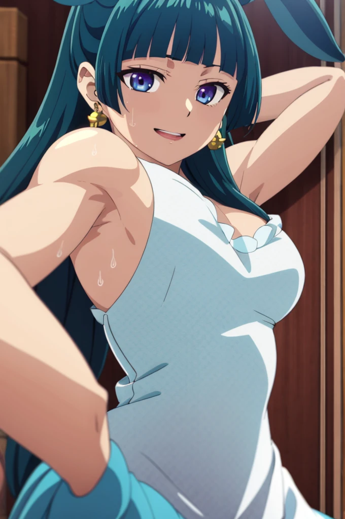 Top quality (8k, high resolution, masterpiece: 1.2), super detailed, anime art style, dynamic angle, teen style, (naked apron, exposed shoulders, earrings, indoor,), detailed green hair, detailed blue eyes, intricate hairstyle, long hair , slim body, sparkling eyes, youthful, hair accessories, earrings, half-updo, slightly dull bangs, detailed lighting, bright colors, looking at the viewer, in the center of the image, cowboy shot, sweaty, armpits, (full of sweat), side breasts, close up armpits, (dripping wet armpits), medium breasts