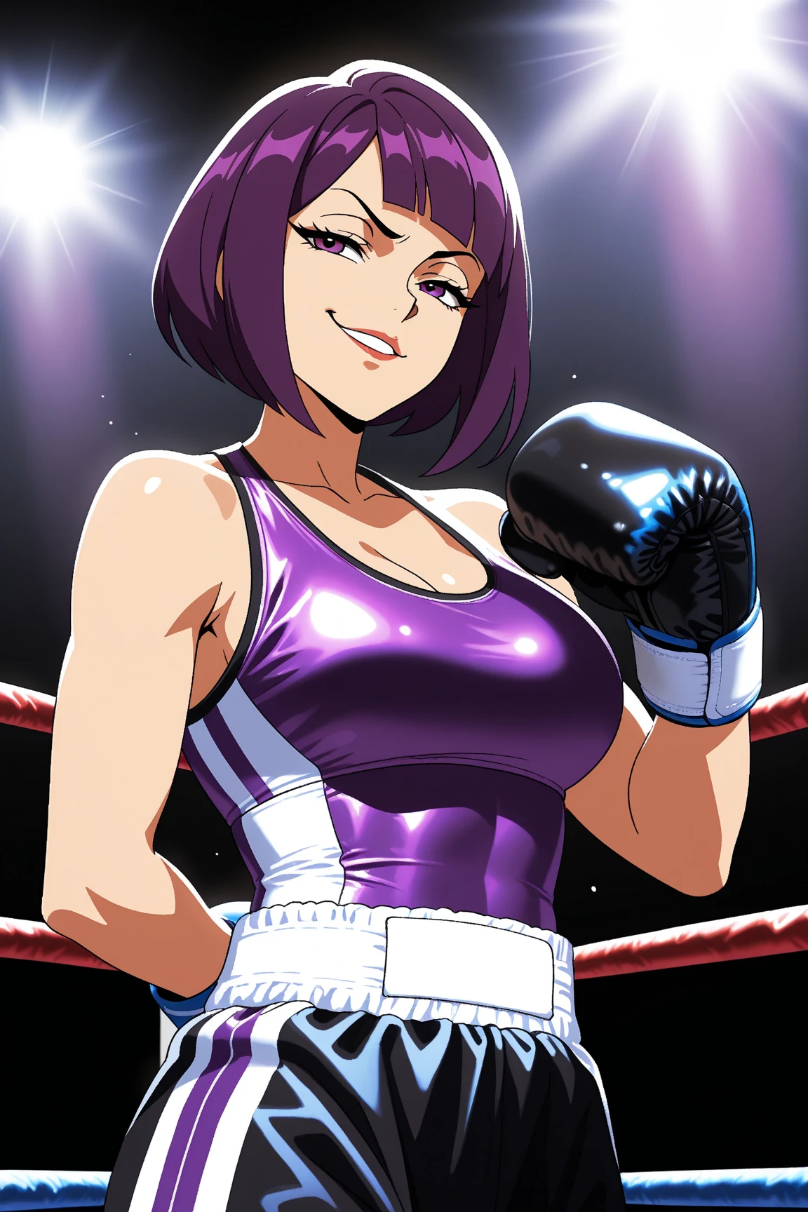 masterpiece, best quality, feMorgan, 1girl, white tank top, jean shorts, ((Tight leotard)), ((sexy pose)), ((Wrestling ring)), smile, fixing hair