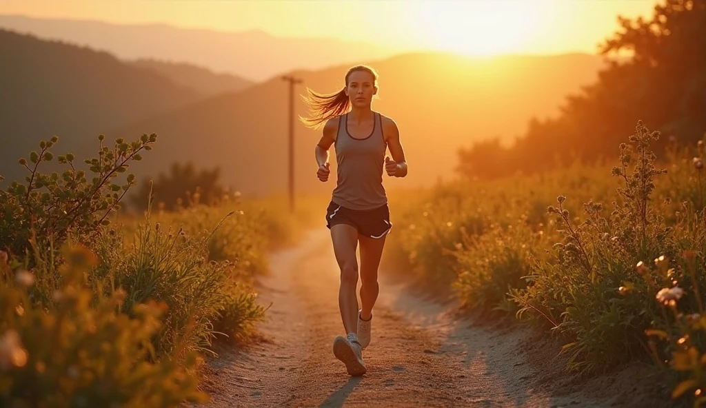 A powerful and inspiring scene of a woman running along a scenic path at sunrise, symbolizing self-improvement and determination. She is wearing athletic gear, with a look of intense focus as she pushes herself further. Behind her, a subtle, ghostly image of her former self, slightly overweight, is visible, representing the old version of herself that she is surpassing. The background features a beautiful landscape with a rising sun casting a golden glow, symbolizing new beginnings and growth. The overall atmosphere is one of empowerment, personal triumph, and the relentless pursuit of self-improvement."
