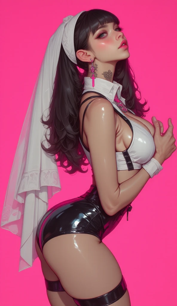 Create an image of a stunningly gorgeous beautiful perfect sexy girl, Stunningly gorgeous beautiful perfect face, thick curved eyebrows, long luscious eyelashes, black eyeliner, eye shadow, natural makeup, bright lipstick,long aerith hair, hyper realistic tattoos, perfect hour glass body figure, sexy seductive ass, ( Photos showing the whole body ), ( Butt sticking out pose ), wearing a cooking apron, back to viewer, looking at camera,