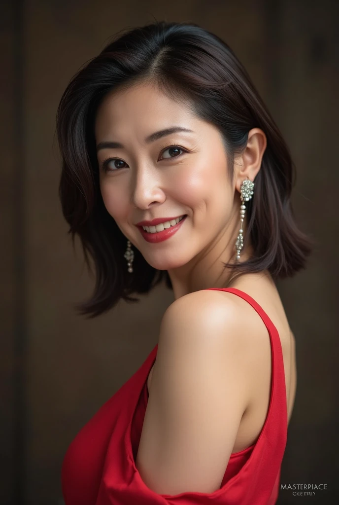 ((highest quality)), ((8K)), ((masterpiece:1.3)), (Perfect look), (Photorealism:1.6), (1人の歩くJapanese Mature), (Woman window shopping), Blurred Background, Japanese Mature, 62 years old, ((Realistic skin texture)), (Fine wrinkles all over the skin:1.3), (Dull skin:1.1), (Unmoisturized skin:1.2), (Facial wrinkles:0.9), (Wrinkles around the eyes:1.2), double eyelid, Tear bags on the lower eyelids, (Crying Mole:0.9), The eyes are watching me, Serious look, (Dimples on cheeks:1.2), (Short bangs:1.2), Long hair with curled ends, (Hair over the ears), Smiling with the corners of his mouth turned up, (Red slip), Hair blowing in the wind, Small breasts, (wine red lips), (Red high heels:1.2), (Standing posture, Full body portrait:1.4), (Angle from the feet:1.4),