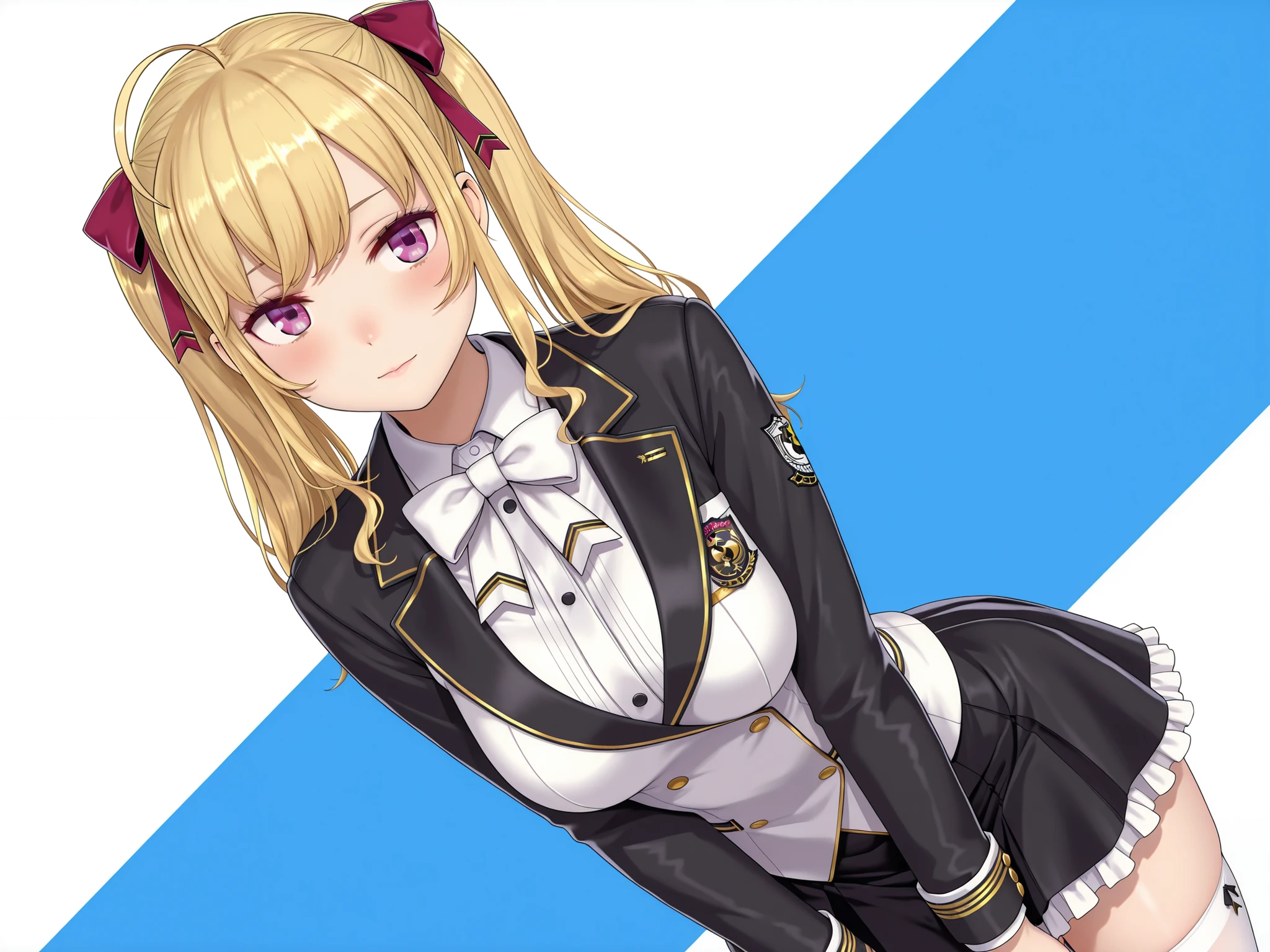 solo,masterpiece,best quality, amazing quality, highres, absurdres, very aesthetic, high resolution, ultra detailed, perfect details,nijirion,medium breasts,purple eyes,blonde hair,twintails,ahoge,hair ribbon,nijirioncos,white shirt,white bowtie,white jacket,black lapels,button,black skirt,frilled skirt,miniskirt,white thighhigh,,(masterpiece, detailed:1.2),mature female
