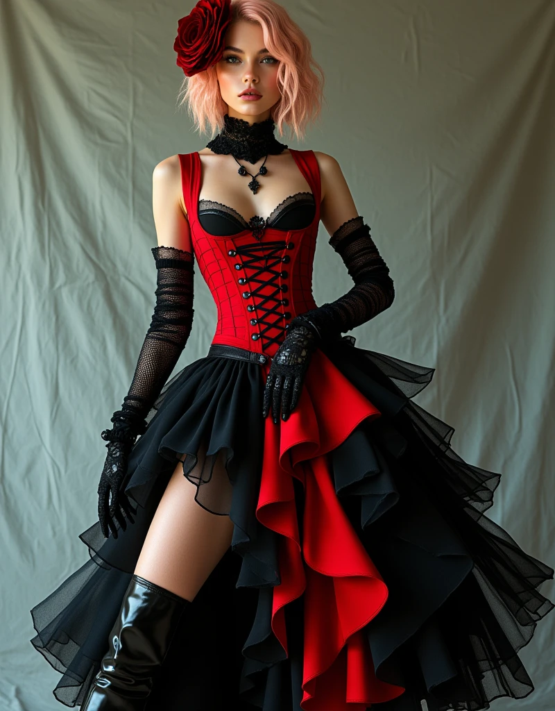 Femboy 1 boy with pale white skin 
Emo hair style from blue to black 
Gothic makeup 
Boy with a female face 
Boy 
Effeminate man with feminine and fine features
Wearing a black carnival bra with gold details 
Using black carnival taga with gold details 
Using a red semi-transparent silk fabric as a skirt
Barefoot with black painted nails
Dancing 