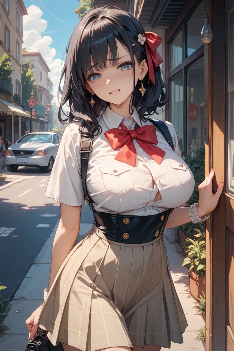 masterpiece、The best、1 female、denim vest、Denim shorts、Red shirt, Bun bun、black hair、Shoulder leakage、big breasts、chubby、Smile、White suspenders、lace leggingackpack,On campus,pose,Street culture