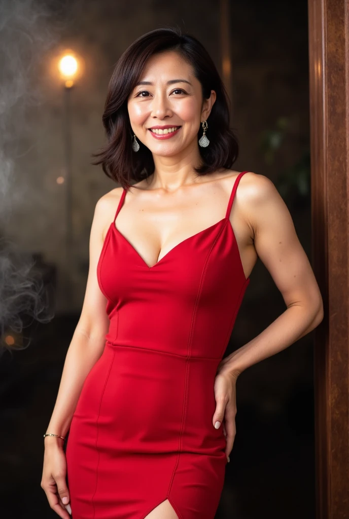 best quality, ultra detailed, masterpiece, 16K, bar, old woman, smiling, standing, arms crossed, looking at viewer, half updo, brown hair, big eyes, pale skin, wrinkles skin, detailed face, detailed skin, glamorous, voluptuous, red high slit dress, piercing, necklace, (high heels), beauty mark, delicate facial features, curvy, elderly, japanese, inside, in the bar, with a sofa, at night, ultra realistic photo, hyperrealistic photo, realism, real person, cowboy shot, from front, wide view, wide shot, intense wide shot, extreme wide shot
