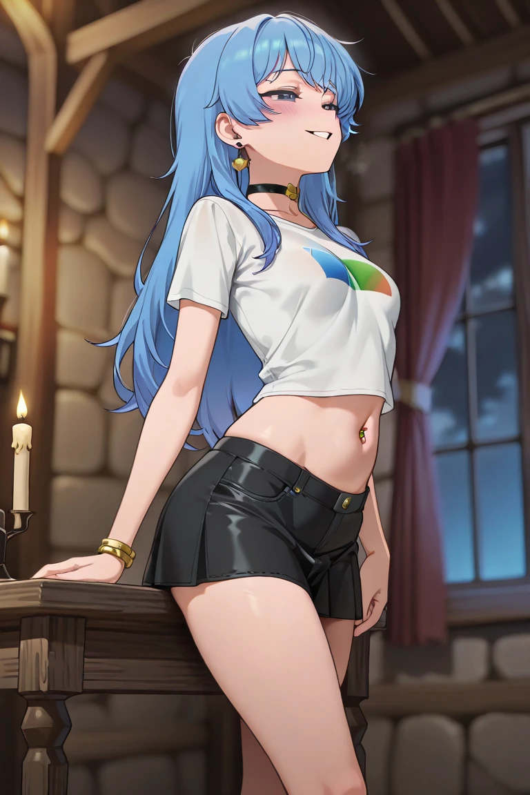 (masterpiece, best quality, high resolution, 8k:1.2),(anime), Roxy_Migurdia(mushoku tensei), 1girl, Blue eyes, Crimson blue hair, twin braids, long hair, small breasts, solo, (tube top, cleavage, underbust, purple tube top, strapless, belly button, midriff, mini skirt, bare shoulders, detachable sleeves, white knee socks, smile:1.2), (watching at viewers:1.2), dynamic angles,