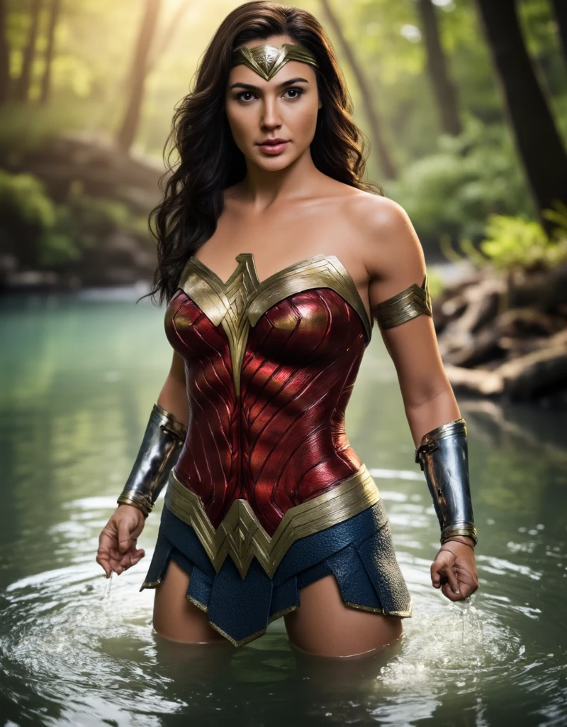 (best quality,8k,masterpiece:1.3),beautiful girl,1 woman,colossal:1.3,slender figure:1.1,toned abs,happy smile,dark brown hair,Gal Gadot in Wonder Woman costume standing in a pool,illustration,ultra-detailed,realistic:1.37,vivid colors,studio lighting,physically-based rendering,colour palette:deep blues and reds,shadows and highlights,subtle rim lighting