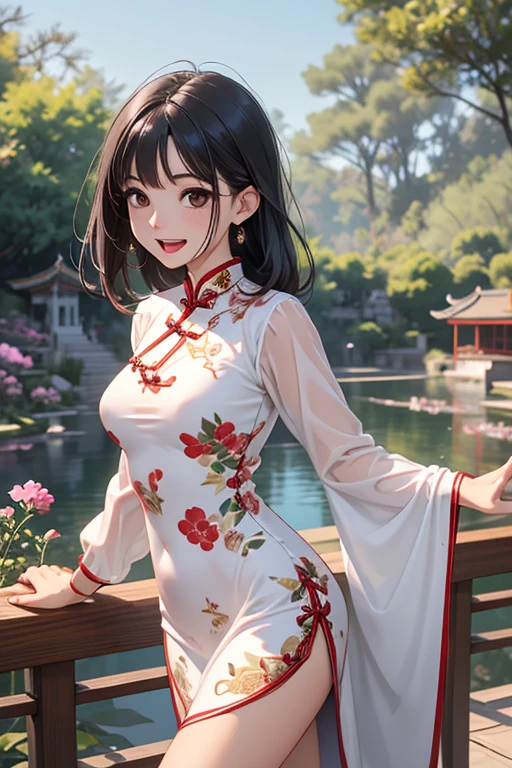 perfect portrait, Wenge Spandex "Cheongsam/Qipao" womens attire China (Fitted dress that reflects modern Chinese fashion.), perfect face, with an intricate park background<lora:wowifierV3:0.78>