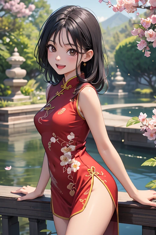 best quality,masterpiece,1girl,solo,(((9years old))),japanese girl,an extremely cute and beautiful girl,highly detailed beautiful face and eyes,petit,cute face,lovely face,baby face,shy smile,show teeth,black hair,medium short hair,flat chest,skinny,slender,(((wearing a red floral short mini cheongsam))),(((standing in a chinese garden))),she is looking at the viewer,