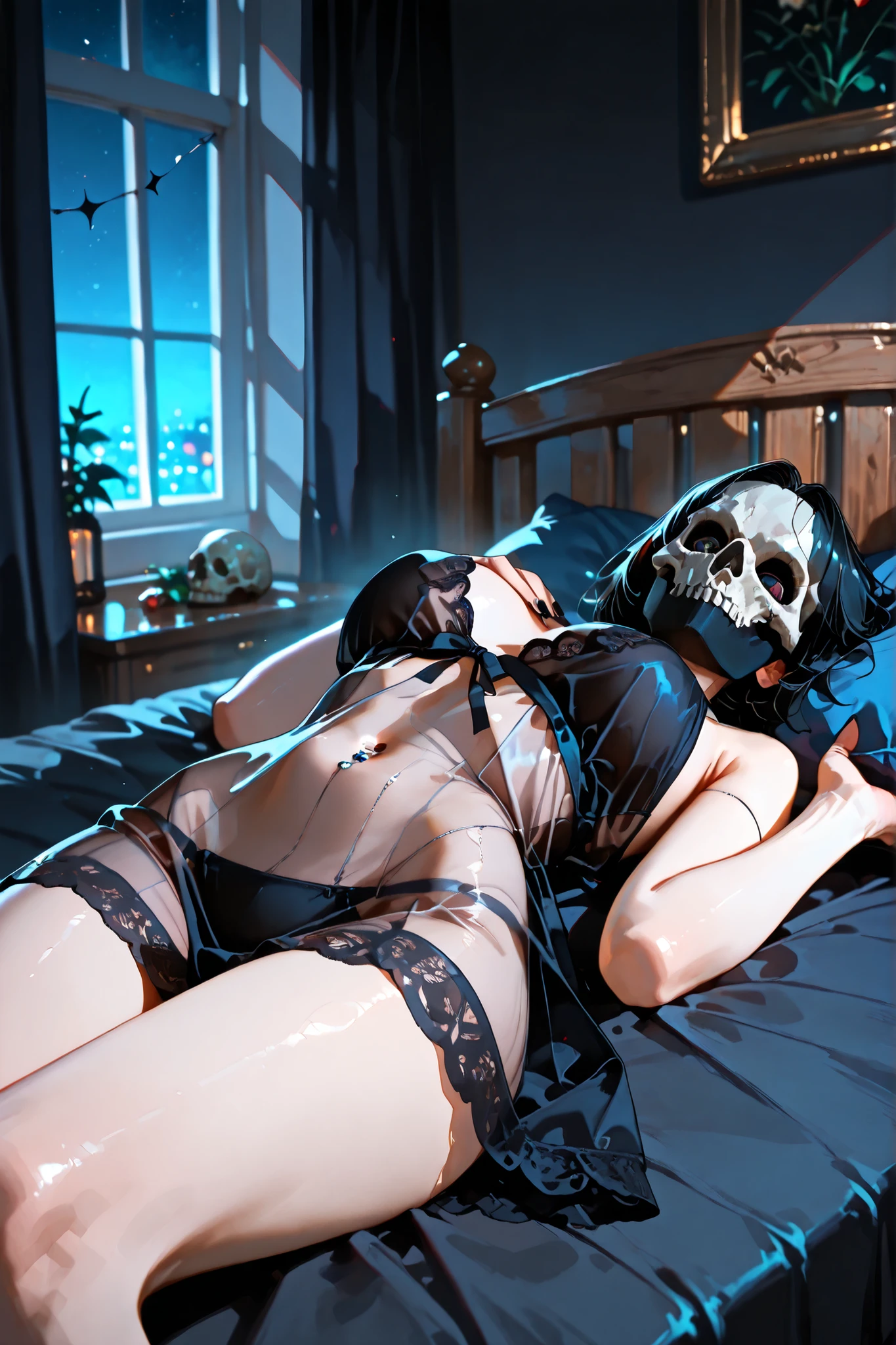 (SuperQuality:1.0) ~ (SuperQuality:1.2), detailxl, girl, Solo, High Resolution, Best Quality, High Details, Super Detailed, indoors, (simon_riley), ((skull_mask)), large breast, short hair, black hair, black nightgown, see through nightgown, belly piercing, long nails, black nails, laying on the bed, dark background, night, ((laying on her back)),