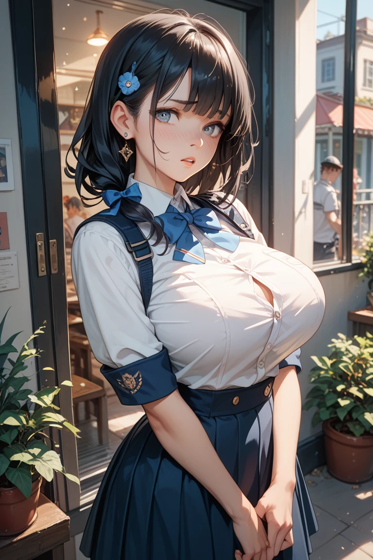 (8k, RAW photo, best quality, masterpiece, soft cinematic lighting, soft color:1.4), (realistic), (outdoor background), (solo, mature woman:1.3), (schoolgirl uniform:1.3), (embarrassed face:1.2), party chignon garnet color hair, clean skin, (huge long wide heavy breasts:1.3), (thick, curvy:1.3),
