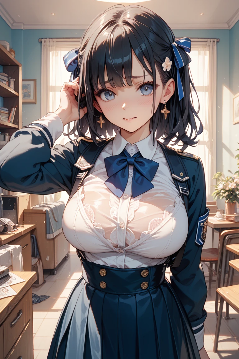 masutepiece, Best Quality, Detailed background, governess, White shirt with short sleeve collar, darkblue pleated skirt, Medium milk, hanging breasted, cleavage, Blushing, Shy laughter, Bare shoulders, (Leaning forward), Have a book、Slouched、Staring upwards
