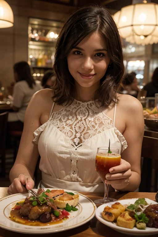una mama sonriendo con un vestido que en el centro esta dibujado una mesa agarrando una botella de coca cola , imagen real