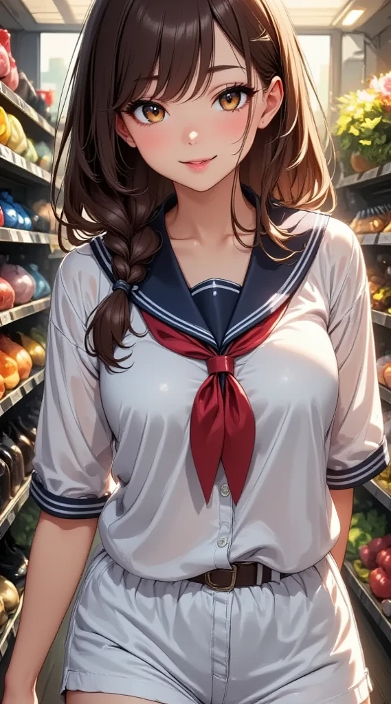 girl, Sweat, vapor, Center of chest, shy, Great hands, Looking at the audience, Cute Smile