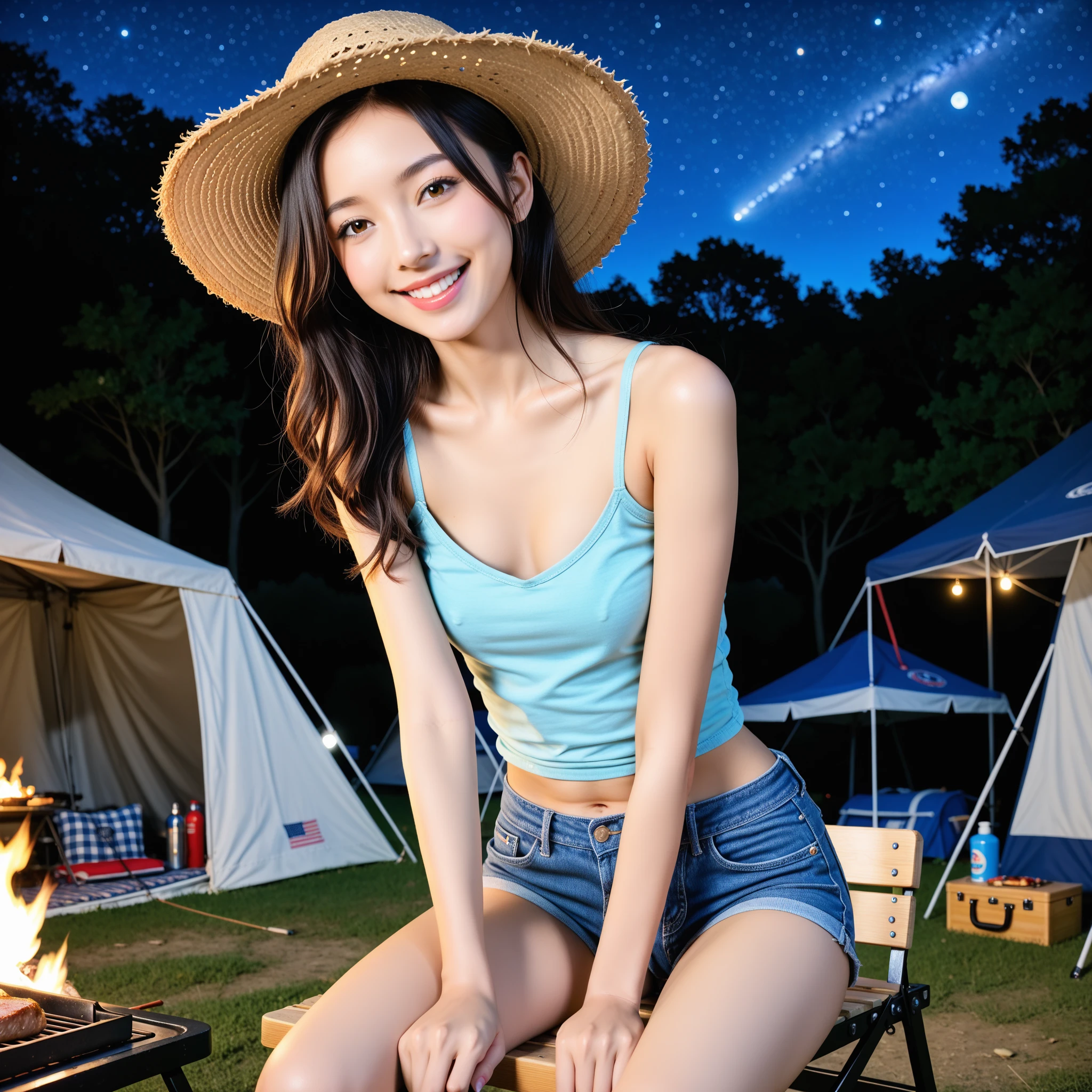 ((Super sweet smile)), a girl, sitting on picnic mat, camping tent, picnic, field style, blue sky, photo shoot, full of flowers