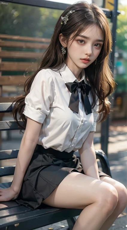 highest quality, masterpiece,, One girl, alone, , White shirt, Black Skirt, Light Hair, Semi-long hair, Beautiful detailed girl, Highly detailed eyes and face, Beautiful fine details, shy, nature, Shine, View your viewers, Outdoor, loafers, Black Pantyhose, Blue bow tie, Straight hair, Purple petals, Purple and blue flowers, Red Eyes, ponytail, Blue Ribbon,Beautiful thighs, Large Breasts, Red eyes,