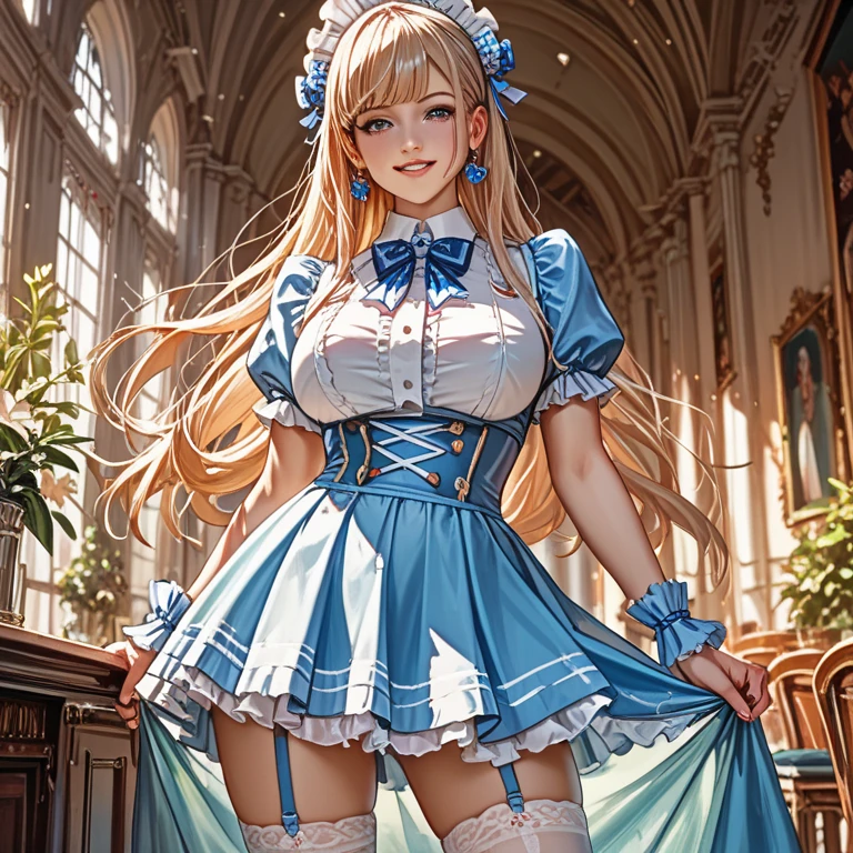 a smile、pantyhose、large tits、mini-skirts、pantiy、 Open crotch, Thigh seams, garterbelts,sexy facial expression、Angle from below、 A masterpice, Girl's masterpiece, Detailed Visual Arts, blue eyed, bright blond hair, length hair, collar bone, royal princess, elegent, Gorgeous quinceañera corset, corset piercing, Detailed layered skirt, [Detailed frills:0.1], [frilly dress:0.1], embroideries, [Detail Princess Dresses:0.1], off shoulders, Rat trail section, [NSFW| Uncensored]