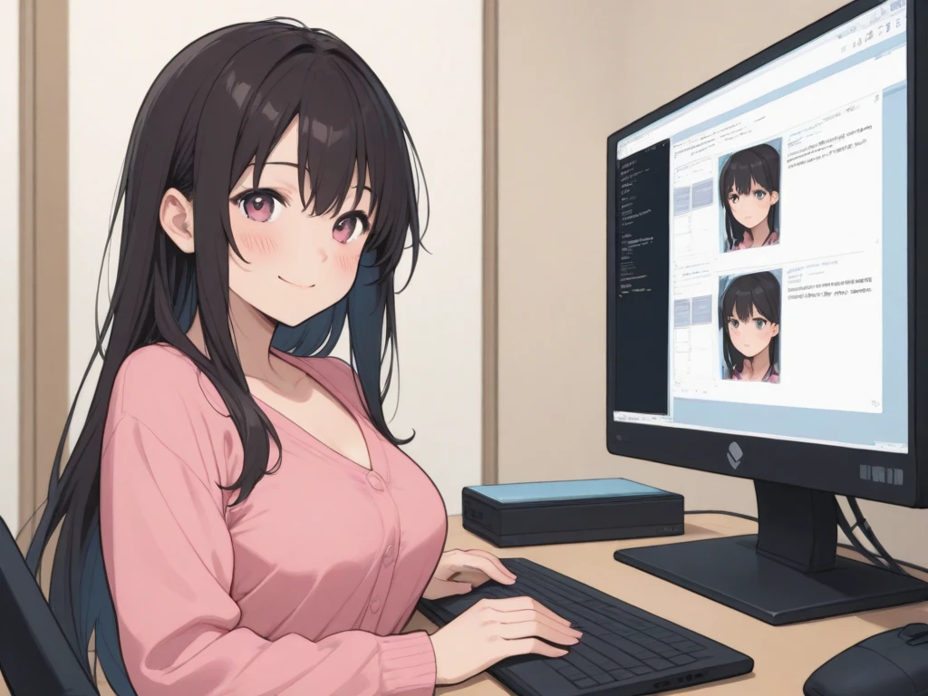 Hime cut with long black hair、Has straight bangs and blue eyes、A girl with very large breasts wears an off-the-shoulder sweater。I'm playing games on my computer。The girl has a relaxed, calm and satisfied look。