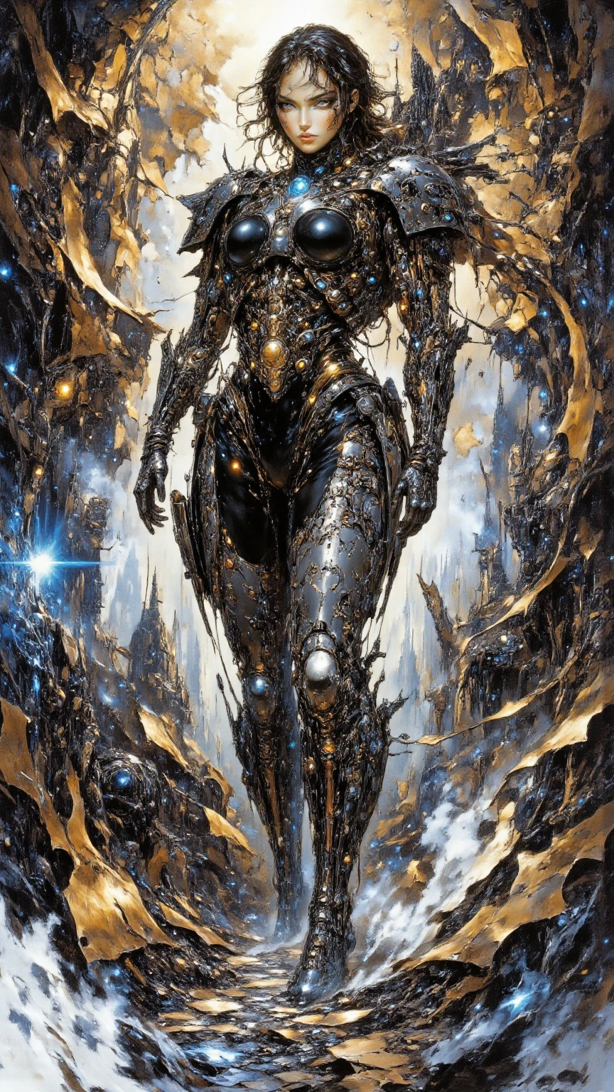 (masterpiece, best quality:1.3),extremely high detailed, photorealistic, intricate, 8k, HDR, wallpaper, cinematic lighting ,(universe), glowing, armor, glowing eyes, mecha, large wings, <lora:AngelicMecha:1>, <lora:fractalized:1>