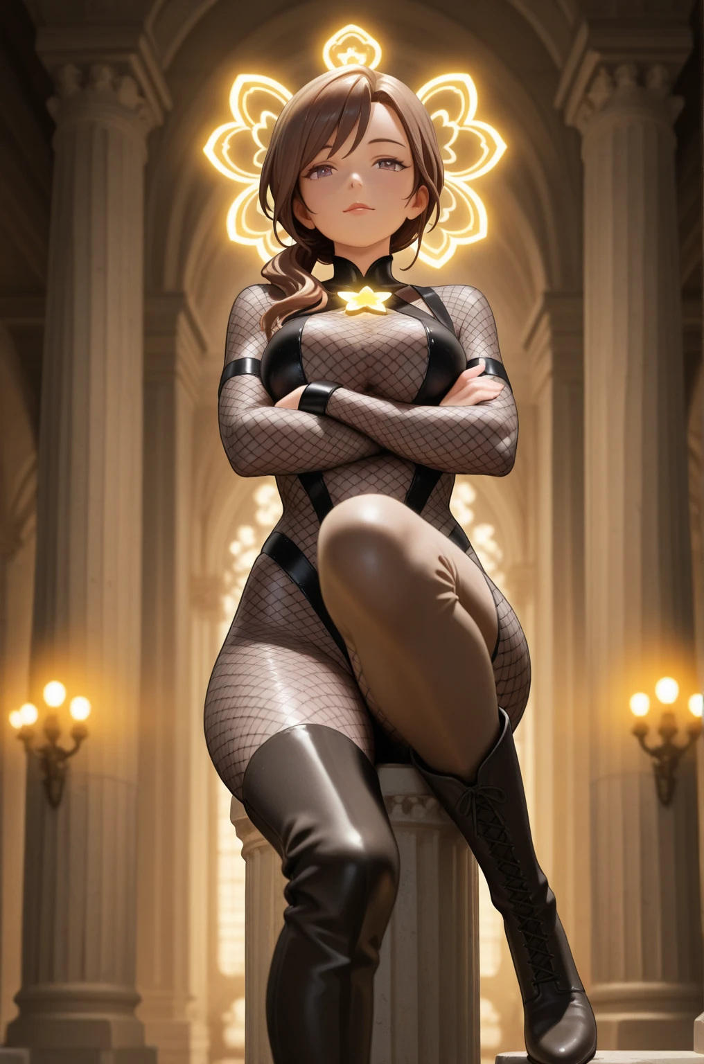 Gorgeous giantess in a revealing golden outfit, with flowing brunette hair and piercing blue eyes, walks through a bustling metropolis, her every step causing destruction. She looks down at the minuscule humans by her feet with a teasing grin. Giantess, Goddess, sexy legs, heels, hot, curvy body, mommy issues, small town, small people, tiny people, macrophilia, perspective from below, high quality, almost naked, mature woman.