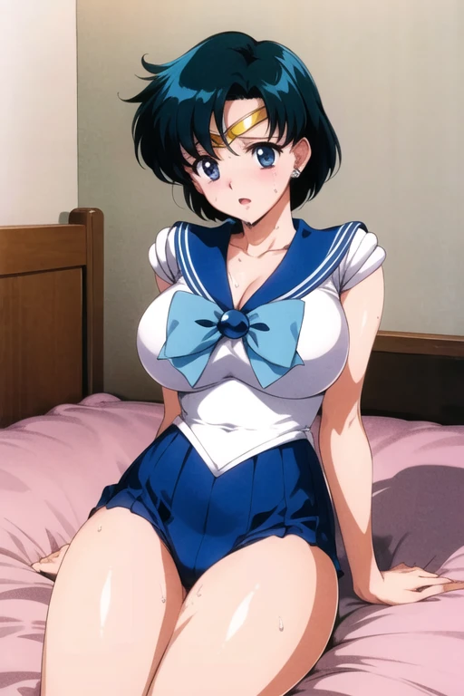 masterpiece, Highest quality, High resolution, Anime illustration、Sailor Mercury　1990s \(style\),、(Big Breasts)、Sweating all over the body、vapor、、　 From behind, Spread your ass, 　Spread your legs　Shooting from below　Peeing