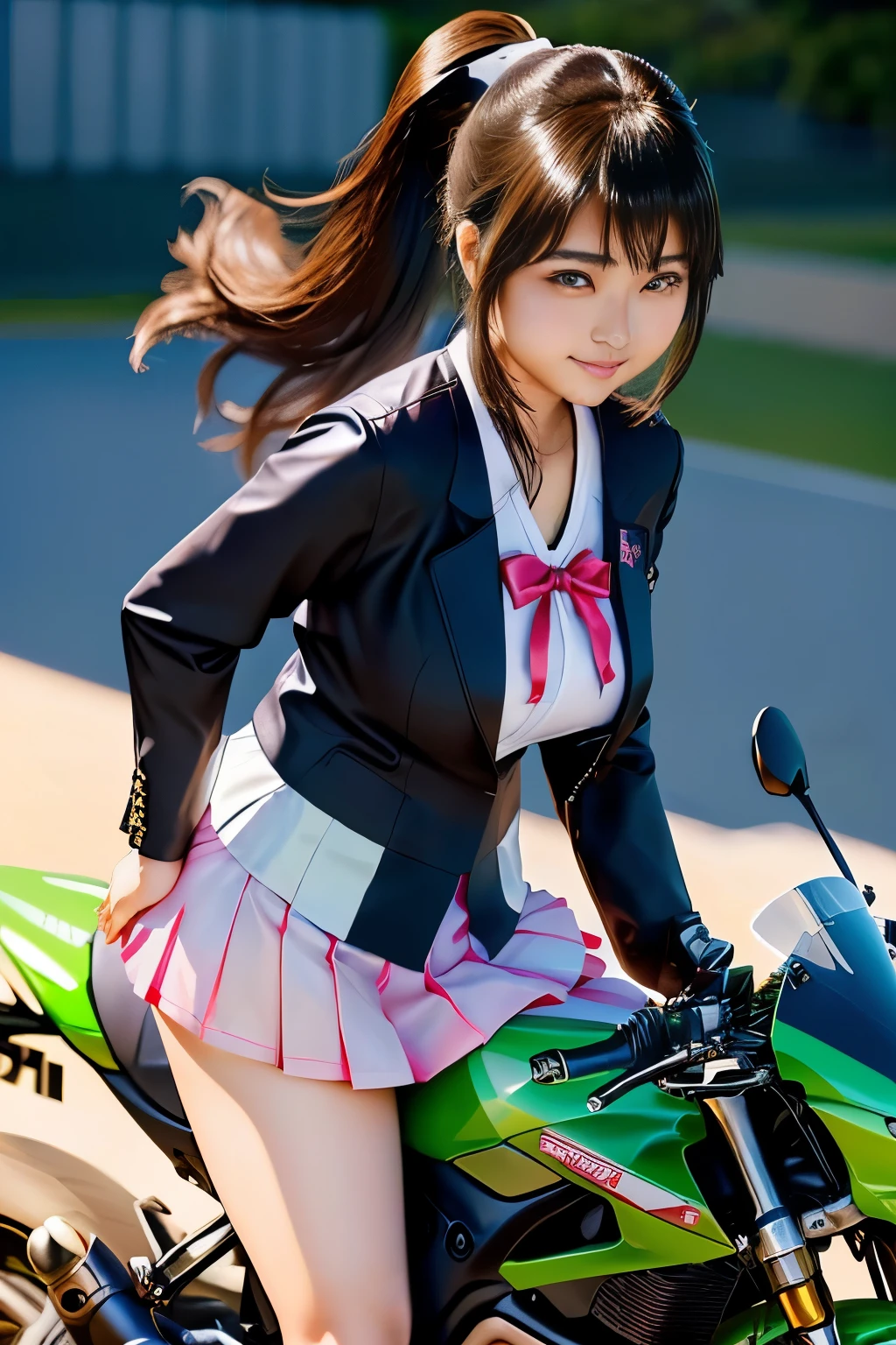 Japanese woman in school uniform posing on motorbike, beautiful high school girl shedding tears, mini skirt、ponytail、white panties、Kawasaki Ninja、Ninja250、Ninja KRT Green、a hyper REAL SCHOOLGIRLS , hyper REAL SCHOOLGIRLS , Charming Anime Girls, Anime Girl Cosplay, REAL SCHOOLGIRLS , anime style and Fujifilm, photoria