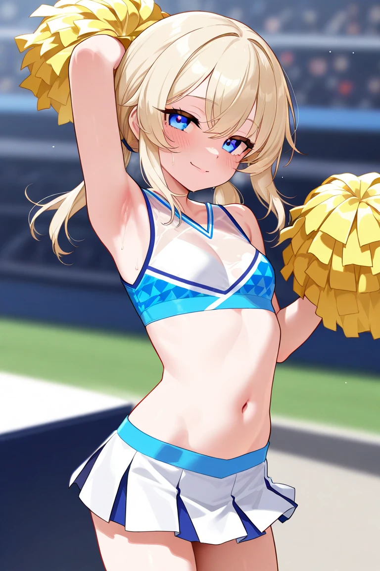 masterpiece, best quality, long hair,  medium breast, cleavage, navel, slim legs, morgan fate blonde hair, stage, cheerleader, happy, short skirt