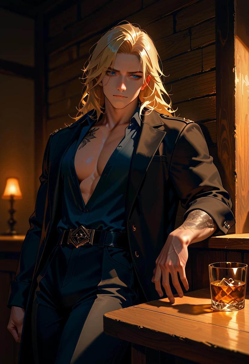 ((masterpiece, best quality))
 <lora:AssaEdward:0.8>
AssaEdward, 1boy, solo, blonde hair, Inside a luxurious penthouse suite, sophisticated yakuza attire, reclining on a leather chair with a glass of whiskey, surrounded by opulence