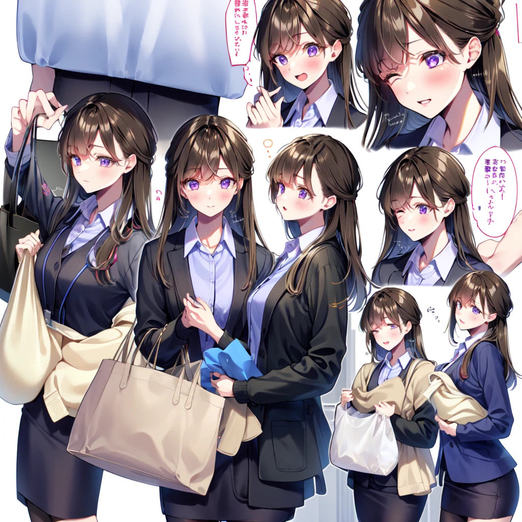 -Amagi Shino OL, 1 Girl, Office female staff, shirt, Solitary, Long hair, white shirt, skirt, Purple Eyes, blush, collared shirt, Keep jacket, jacket, Long sleeve, Keep, jacket removed, Bangs, Vague background, breast, Black Hair, dress shirt, Bag, black skirt, Looking at the audience, Artist Name, towel, Sweat, Brown hair, Keep towel, pencil skirt, On the Street, permanent, Vague