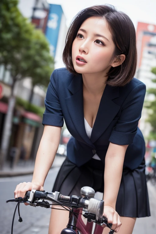 (RAW Photos), (Realistic), (masterpiece), (Highest quality), High resolution, 8k resolution, (Exquisite detail), Exquisite bicycle structure,One handle,(Volumetric Light), woman, Age 35, short hair, Straight hair, Brown haired, Very thin, Very white and clear skin,Highly detailed eyes, Source Sequence, Very thin eyebrows, eyelash,Ultimate beauty,Cute like an idol, smile, (office suits), Sit in the saddle,Beautiful breasts,Beautiful Japanese office lady, Pleated skirt, Random Color, Cute Face, Real Light, Correct Anatomy, ride a bicycle:1.4、Mommy bike:1.4, There is a basket, Low saddle,Moving bicycle, (((非常にLow saddle, Sit in the saddle))),pedalをこぐ,Hold the handlebars with both hands,Look straight ahead,womanは視聴者を見ていない, pedal, From below1.4、(((Low angle 1.4))), In the city, (((I can see her panties))), Beautiful long legs, (((かなりFrom below:1.4))), Thin thighs, womanをFrom below見上げる視聴者,From below,From below,(((Low angle full body shot, Black pumps,かなりFrom belowの角度, focus on the saddle, Zoom from ground level,From a dog's eye level))), womanは前傾姿勢ではない, Not a car, from the front, 視聴者はFrom belowwomanの股間を見上げる,I can see her knees,womanは片膝をあげる, low angle: 1.4, focus her knee,In town, One Bicycle, basic and simple bicycle flame, both hands grip a handle bar