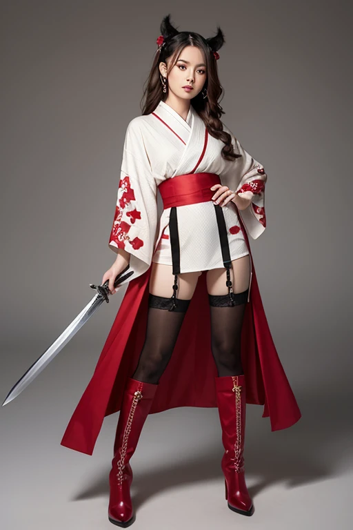 8k Uhd, Dslr,Film Grain, Fujifilm XT3,(Best Quality:1.3), (Masterpiece:1.1), High Resolution, Cinematic Light, Intricate Details, (Photorealistic) (night scene) a realistic backlight dramatic red tone light photography full body of a beautiful japanese geisha girl, ((facial texture pore detail)), grin demonic smile, simple messy hairdo, wearing satin black kimono with traditional dragon motif, open shoulder, full body colourful dragon tattoo, holding long katana blade, inside traditional villa, 8K, bokeh foreground