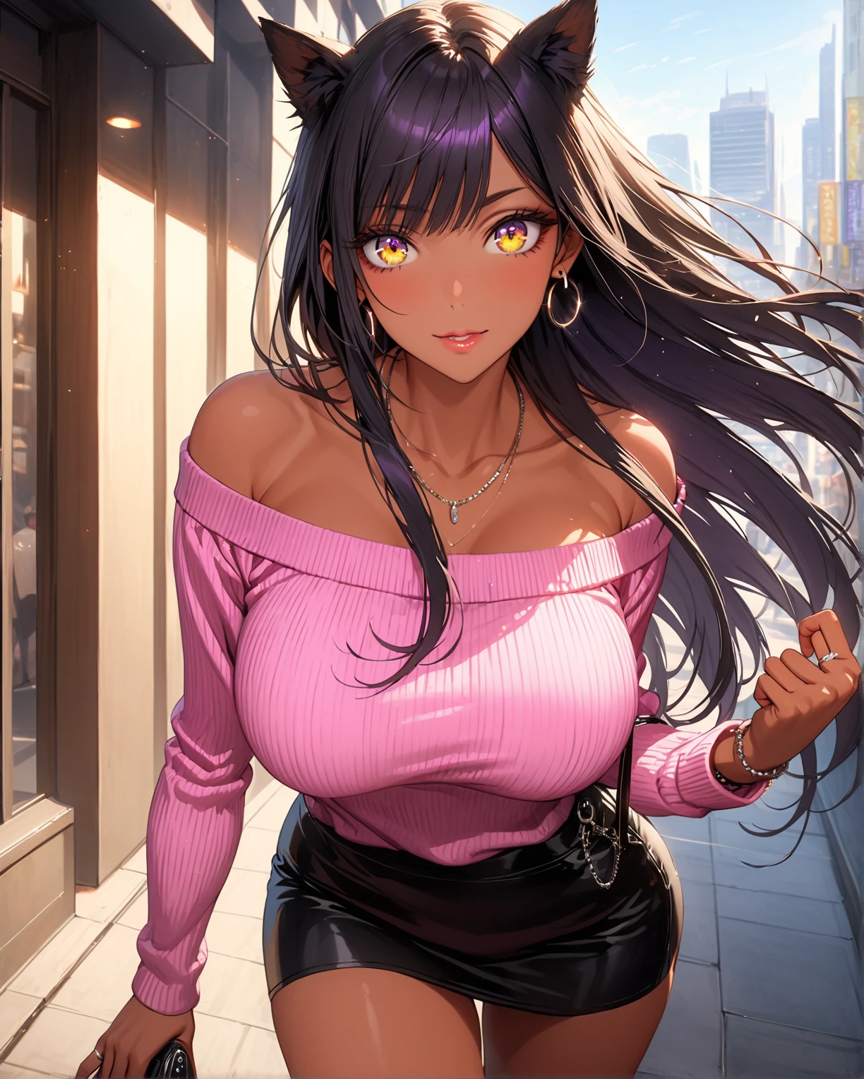 (masterpiece:1.37), best quality, (extremely detailed:1.37), woman, (very long hair:1.5), dark purple hair, purple eyes, (extremely detailed eyes:1.37), (wetting self:1.25), large breasts, stylish jacket, multicolored jackt, jeans, cleavage, navel, city, high-tech, street, full body