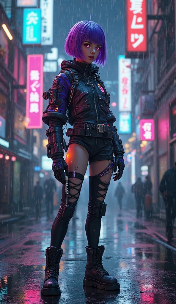 Here’s a detailed prompt for generating the image:
```json
{
"prompt": "A full-body, high-resolution, highly detailed, and realistic image of a young woman dressed in a cyberpunk style. She stands confidently, her attire a blend of futuristic and edgy elements: a sleek, form-fitting jacket with neon accents, metallic pants, and combat boots. Her hair is styled in a bold, asymmetrical cut, possibly with streaks of vibrant colors like electric blue or neon pink. She wears a variety of tech-inspired accessories, including a visor with a digital interface, fingerless gloves, and a utility belt filled with gadgets. The background is a gritty urban environment, with neon signs, rain-soaked streets, and towering buildings, enhancing the cyberpunk aesthetic. The lighting highlights the reflective surfaces of her outfit and the glow of the neon around her, creating a visually stunning and immersive scene.",
"size": "1024x1792"
}
```