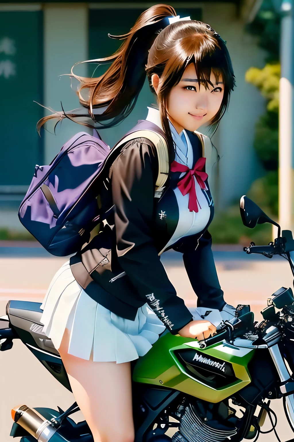 Japanese woman in school uniform posing on motorbike, beautiful high school girl shedding tears, mini skirt、ponytail、white panties、Kawasaki Ninja、Ninja250、Ninja KRT Green、a hyper REAL SCHOOLGIRLS , hyper REAL SCHOOLGIRLS , Charming Anime Girls, Anime Girl Cosplay, REAL SCHOOLGIRLS , anime style and Fujifilm, photoria