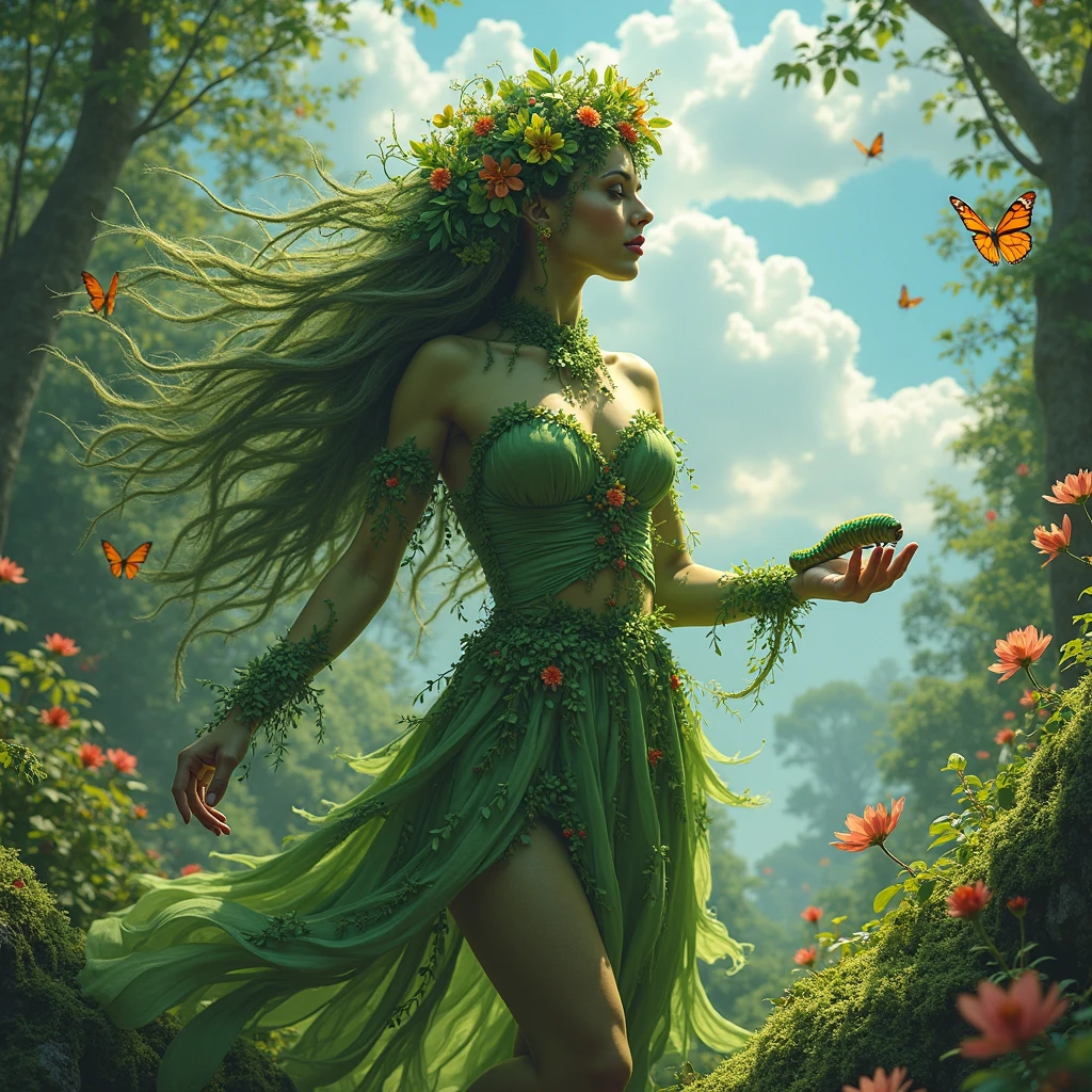 (pixel art:1.3), (solo:1.3), (symmetrical:1.3), (cute cartoon style:1.3), beautiful dryad stands tall amidst a symphony of vibrant flora, (adorned with intricate flowing vines and leaves), she radiates an aura of strength and grace, her eyes reflect a deep connection with the natural world, while her ((outstretched arms casting glowing healing rays)), as gentle breezes rustle through her verdant crown, she stands as a beacon of harmony, a guardian of the earth's precious ecosystems, sunlit forest clearing, rainbow behind the head, birds in the air, More Detail