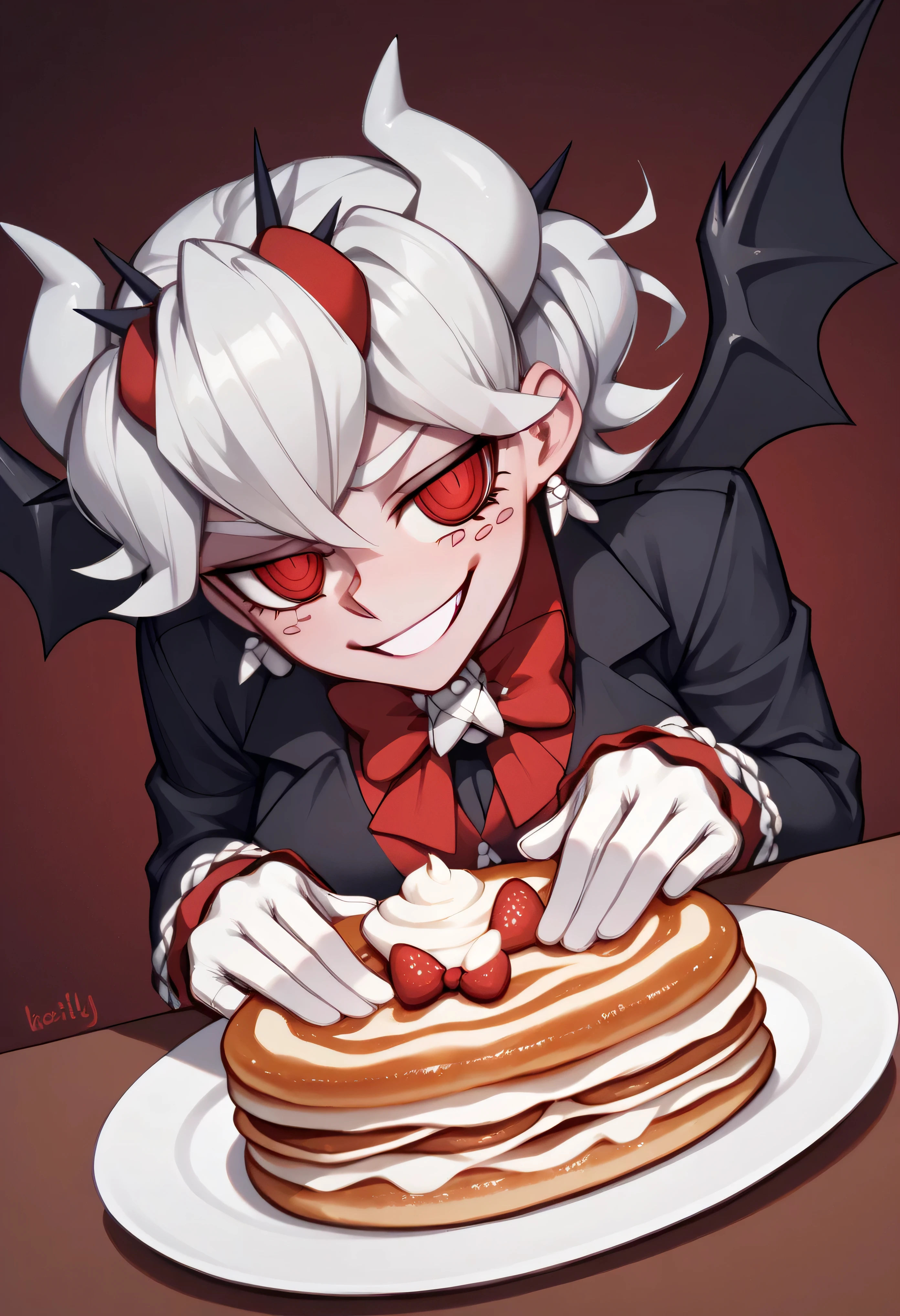 Beelzebub in her gothic ta costume, sitting at a red-tiled kitchen table covered in stacks of pancakes, warm morning light shining through a broken infernal window, black spider wings gently folded behind her, a smug smile on her face, semi-realistic painterly style, Helltaker kitchen setting, cozy demonic atmosphere