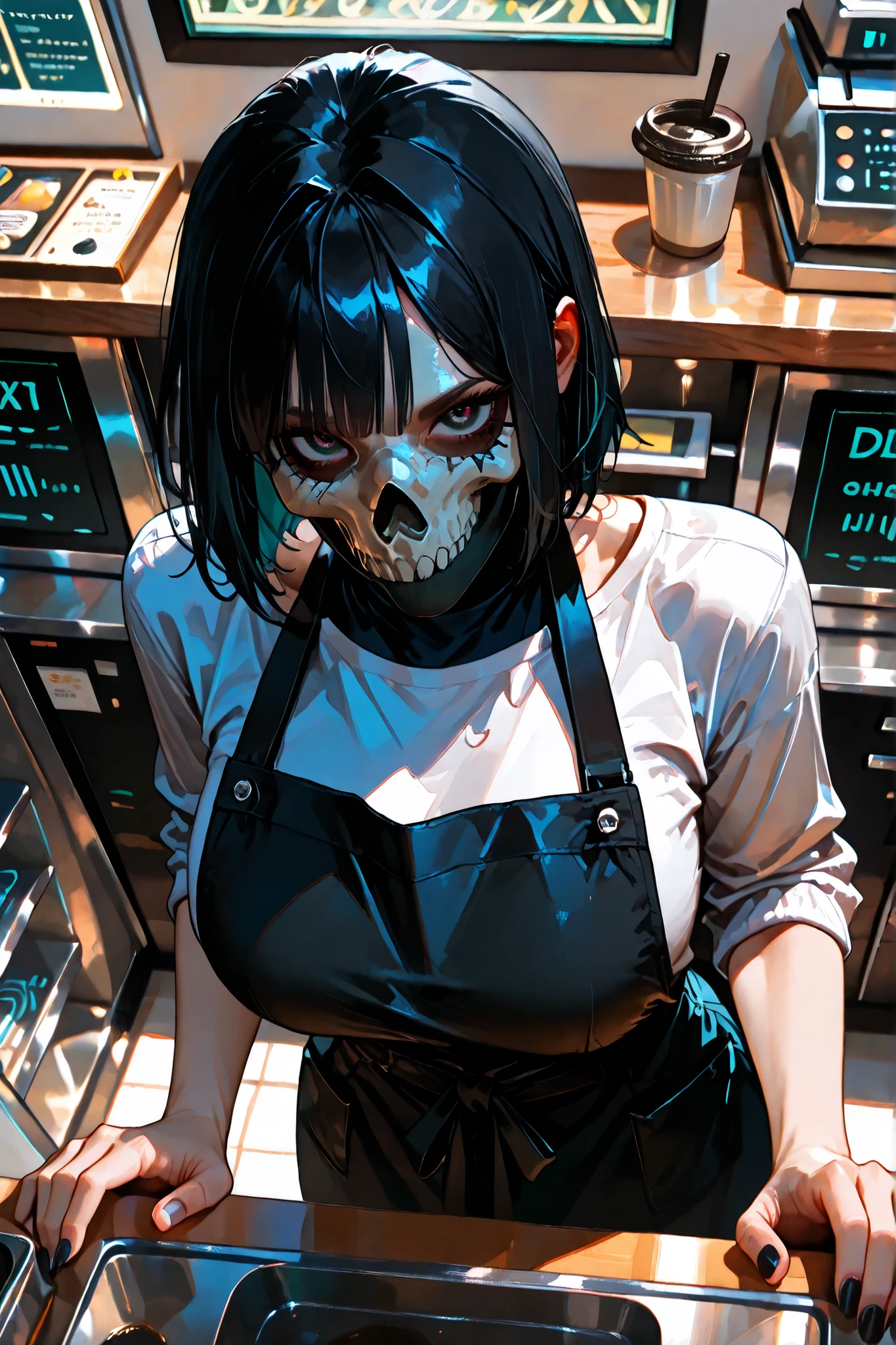 (SuperQuality:1.0) ~ (SuperQuality:1.2), detailxl, girl, Solo, High Resolution, Best Quality, High Details, Super Detailed, cafe, (simon_riley), ((skull_mask)), cashier, black apron, white undershirt, short hair, black hair, long nails, black nails, looking at viewer, view from above, large breast,