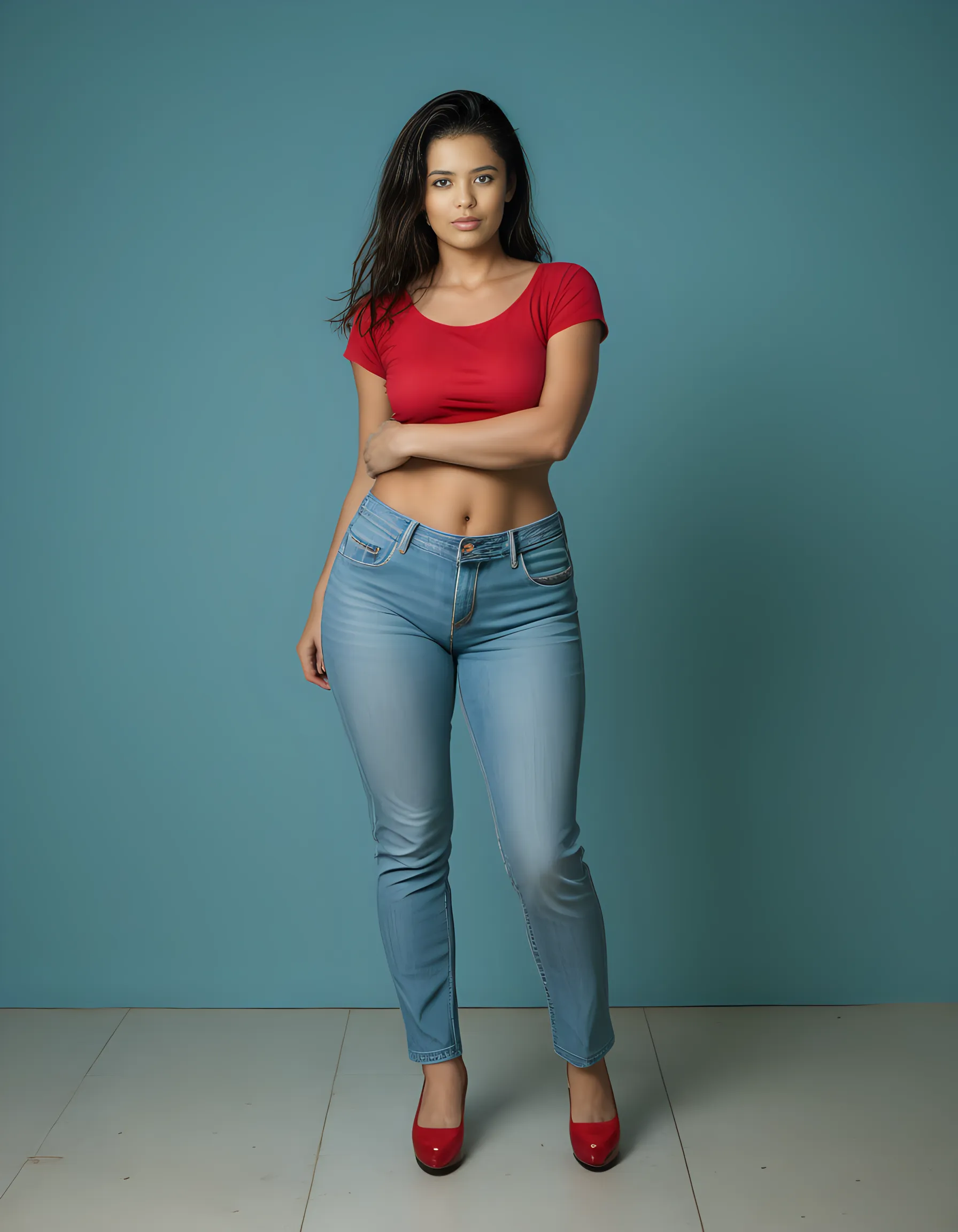 Filipina girl in jeans, from behind, shows stomach, smiles, bare feet