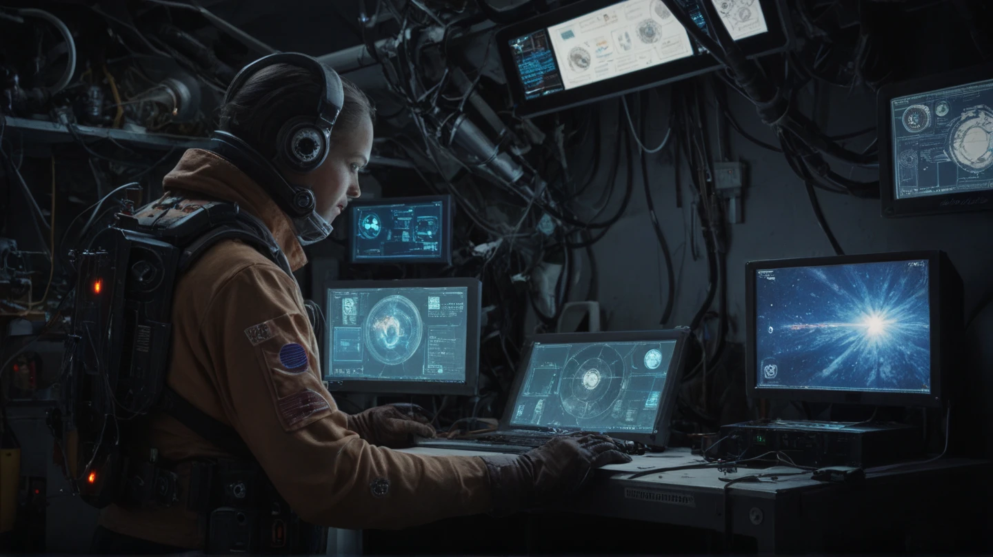 Create a breathtaking, ultra-high-definition artistic image that captures the intense and focused atmosphere inside a modern tank's commander hatch. | Visualize the interior of the tank's commander hatch, with detailed and realistic controls, buttons, and screens. The tank commander is seated, viewing an LCD monitor that displays a live feed of the battlefield. On the screen, a visible enemy tank is clearly outlined, adding a sense of urgency and tension to the scene. | The commander's perspective should be emphasized, showing his hands possibly gripping controls or interacting with the equipment, while the monitor glows with the digital image of the enemy tank. |The overall composition should emphasize the high-tech environment inside the tank, highlighting the contrast between the confined, high-tech interior and the dangerous, open battlefield visible on the screen. | The lighting should be dim, with the primary illumination coming from the glowing LCD monitor and various control lights inside the tank. The monitor's display should be detailed, with the enemy tank clearly visible, adding a sense of impending action. | The image should evoke a sense of tension and readiness, capturing the commander's focus and the technological sophistication of modern warfare, creating a visually compelling and immersive scene.