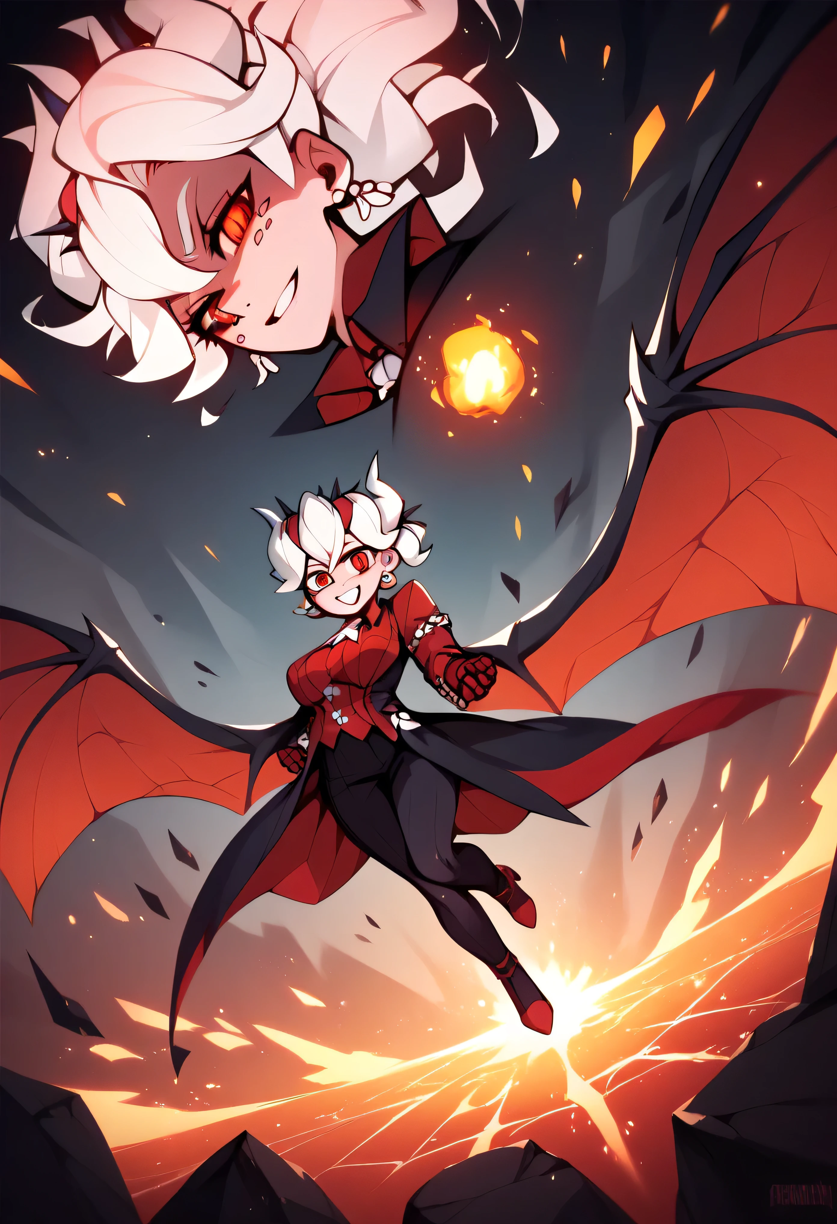 3/4 body medium close-up of Beelzebub from Helltaker floating above molten lava, background of cracked stone pillars and glowing runes, intense heat shimmering in the air, red-orange lighting reflecting off her white hair and dark gothic dress, spider wings spread with scorched tips, expression calm and commanding, embers floating in the air, semi-realistic painterly rendering with dramatic lighting
