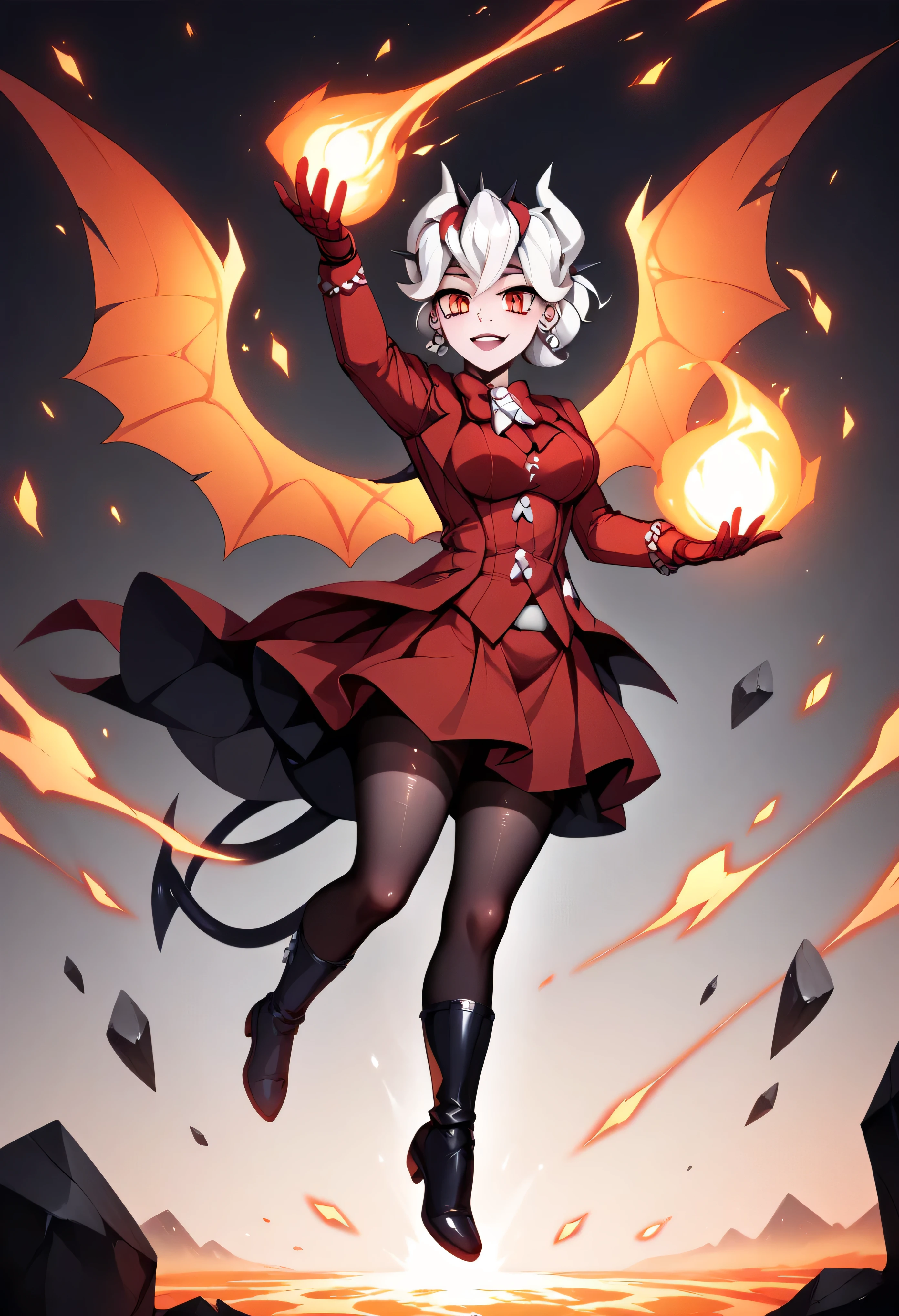 3/4 body medium close-up of Beelzebub from Helltaker floating above molten lava, background of cracked stone pillars and glowing runes, intense heat shimmering in the air, red-orange lighting reflecting off her white hair and dark gothic dress, spider wings spread with scorched tips, expression calm and commanding, embers floating in the air, semi-realistic painterly rendering with dramatic lighting