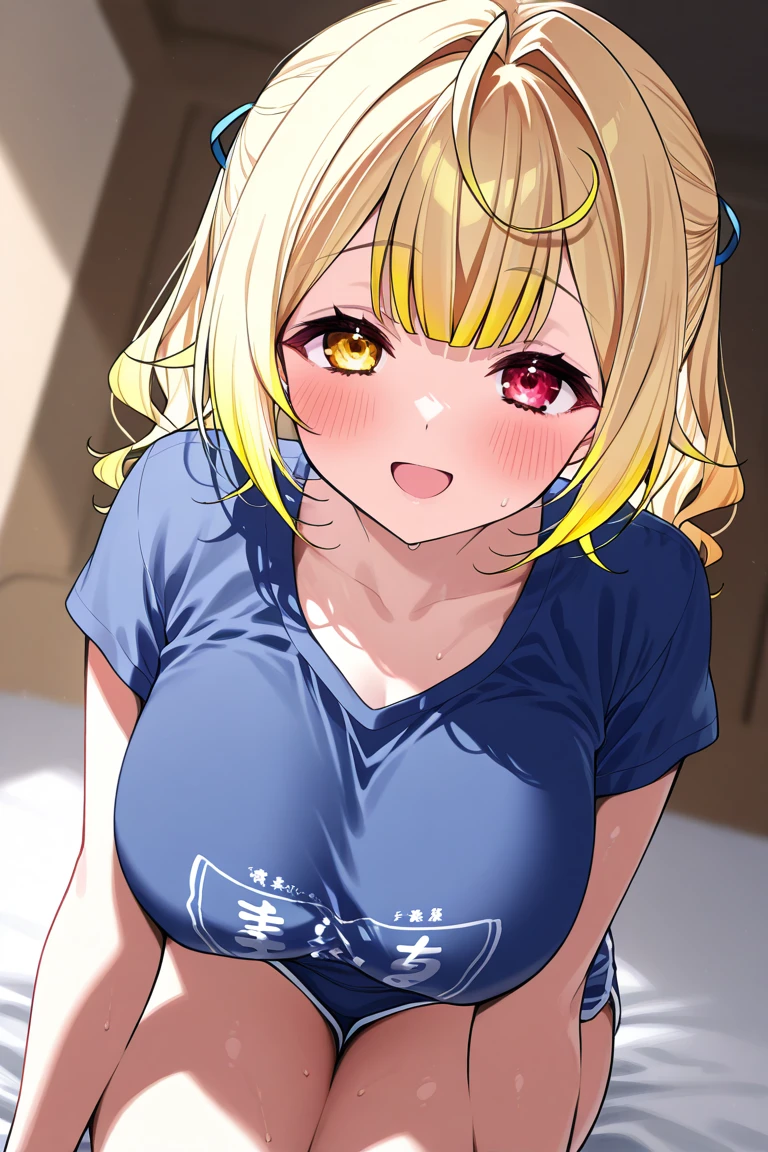 nude young girl with blue eyes, blonde hair and with very large breasts and a very thin waist in a pink see-through t-shirt and twintails standing with a puffed up chest and arched back, smiling while looking at the viewer. She has a navel piercing and golden bangles. She is standing in front of a bed in a prison room with iron bar windows. Her neck is shackled to the wall.