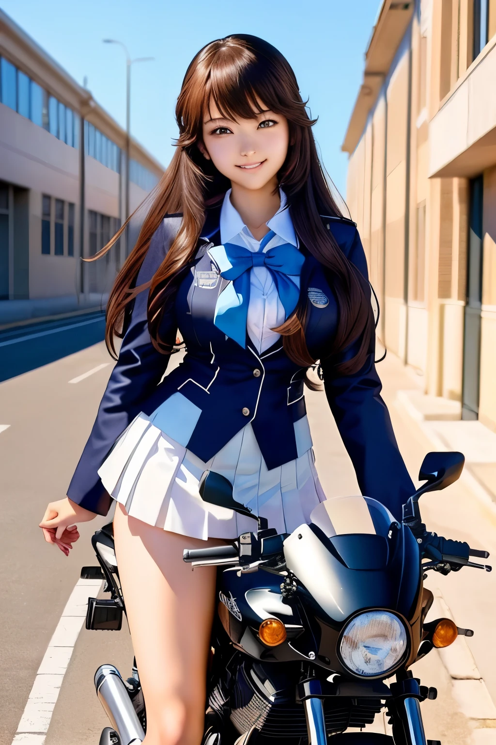 High school girl in school uniform posing on motorbike, Watch the anime girl cosplay, mini skirt、white panties、Beautiful Anime High School Girls, attractive Watch the anime girl, a Surreal School Girls, Watch the anime girl in real life, seductive Watch the anime girl, Surreal School Girls, fleet collection style, Female students in cyber uniforms, beautiful Watch the anime girl, Watch the anime girl, Watch the anime girls, anime style and Fujifilm